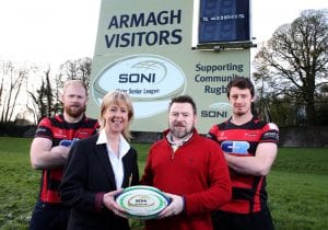 Players Robbie (R) and Neil Faloon (L - Captain) join Club President Shirley Anne Donaldson with Project Manager at SONI, Shane Brennan to celebrate the new sponsorship.