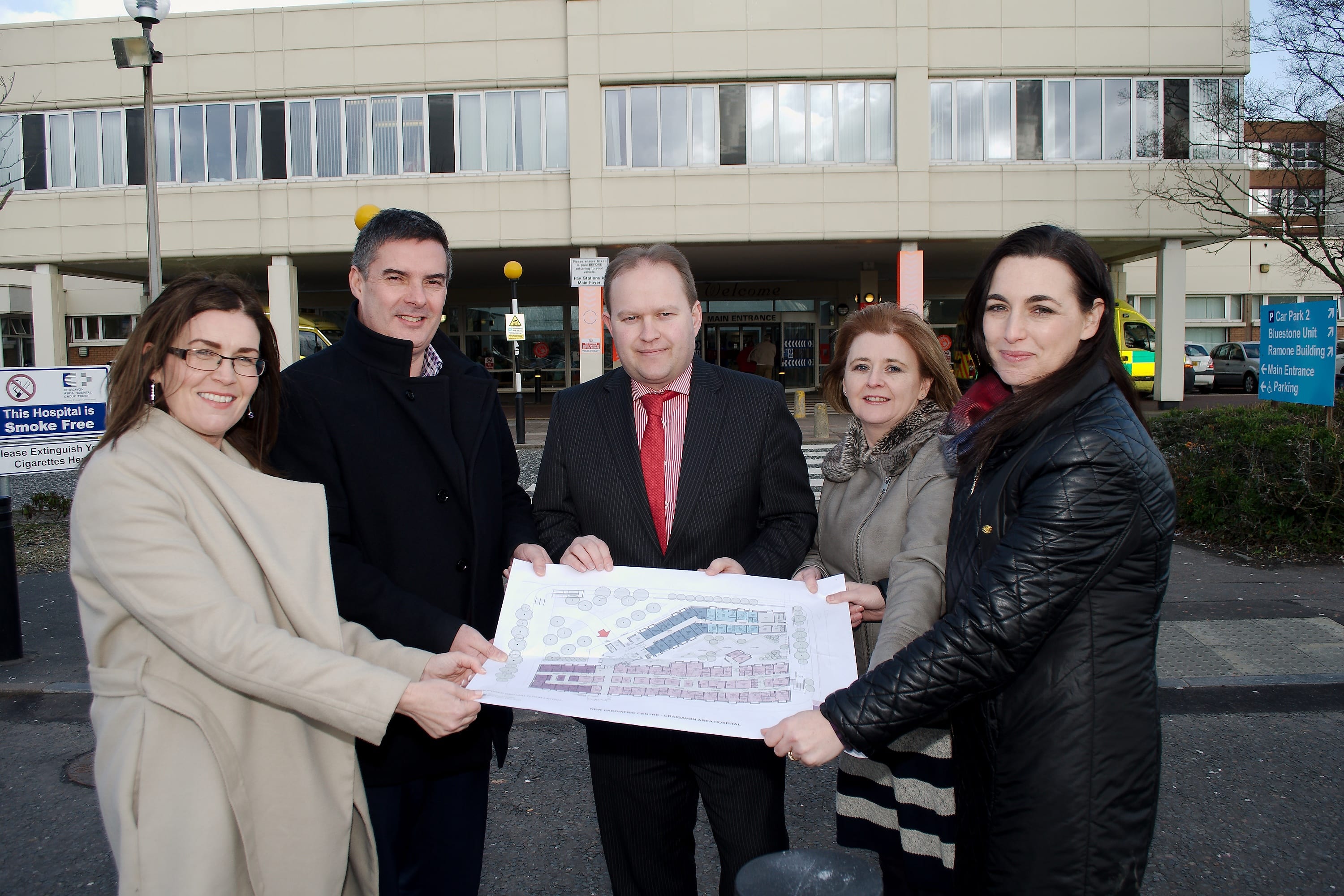 Councillor Gareth Wilson, Chair of the Planning Committee at Armagh City, Banbridge and Craigavon Borough Council, is joined by Janet McConville, Head of Planning Children & Young People Service from the Southern Health and Social Care Trust, Paul Crowe, Design Lead from Todd Architects, and Nicola Creaney and Roisin Hamill from the Council’s Planning Department to mark the Council’s decision to grant planning permission for the construction of a new £6.9 million paediatric unit at Craigavon Area Hospital.