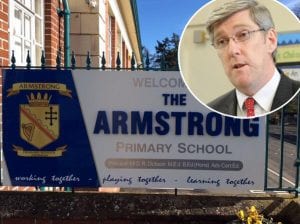 John O'Dowd laid the first brick on the Armstrong Primary School extension