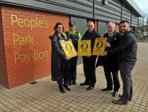 Annette Blaney, Policing and Community Safety Partnership, Sergeant Barbara McNally, PSNI Neighbourhood Team, Alderman Robert Smith, Chair of the Policing and Community Safety Partnership, local resident Vincent McAleenan and Michael Ruddy, Park Development Officer at the launch of 'Park Watch' in Portadown Peoples Park