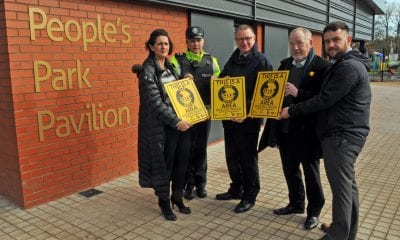 Annette Blaney, Policing and Community Safety Partnership, Sergeant Barbara McNally, PSNI Neighbourhood Team, Alderman Robert Smith, Chair of the Policing and Community Safety Partnership, local resident Vincent McAleenan and Michael Ruddy, Park Development Officer at the launch of 'Park Watch' in Portadown Peoples Park