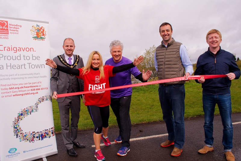 Lord Mayor of Armagh, Darryn Causby joins Cathy Devlin, Sheelin McKeagney, Chair Craigavon Heart Town; Padraic McKeever, House of Sport and Daryn Greene, CouncilSports Development Officer at The Launch of Craigavon 10K