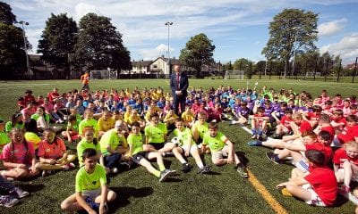 Deputy Lord Mayor of Armagh City Banbridge and Craigavon Borough Council, Councillor Paul Greenfield with some young people from the 21 muga teams who took part in the community games