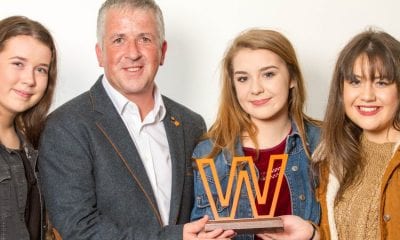 L-R Luíseach Ní Threinfhir, Gearóid Ó Machail, Erin Nic Giolla Cheara, Faílenn Nig Fhionnbhairr ) – pictured with the award at Liberty Hall, Dublin.