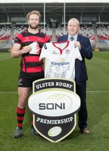 Armagh RFC's James Hanna with Senior Manager at SONI Nick Fullerton, launching SONI's 'Player of the Round' at Kingspan Stadium