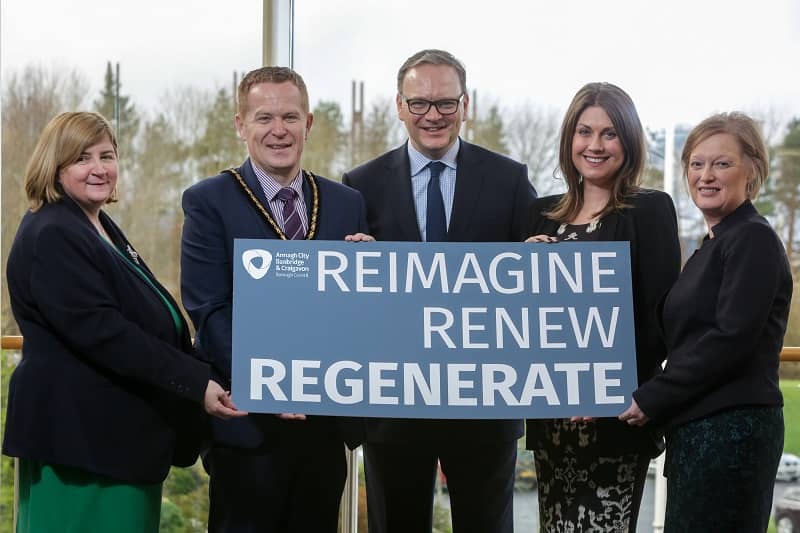 Pictured at the launch of the inaugural “Sharing Our Potential” regeneration conference are (l-r) Olga Murtagh, Strategic Director: Place, Deputy Lord Mayor Councillor Paul Greenfield, Roger Wilson, Chief Executive, Sarah Travers, Broadcaster, Presenter and Business Coach, Therese Rafferty Head of Department: Regeneration