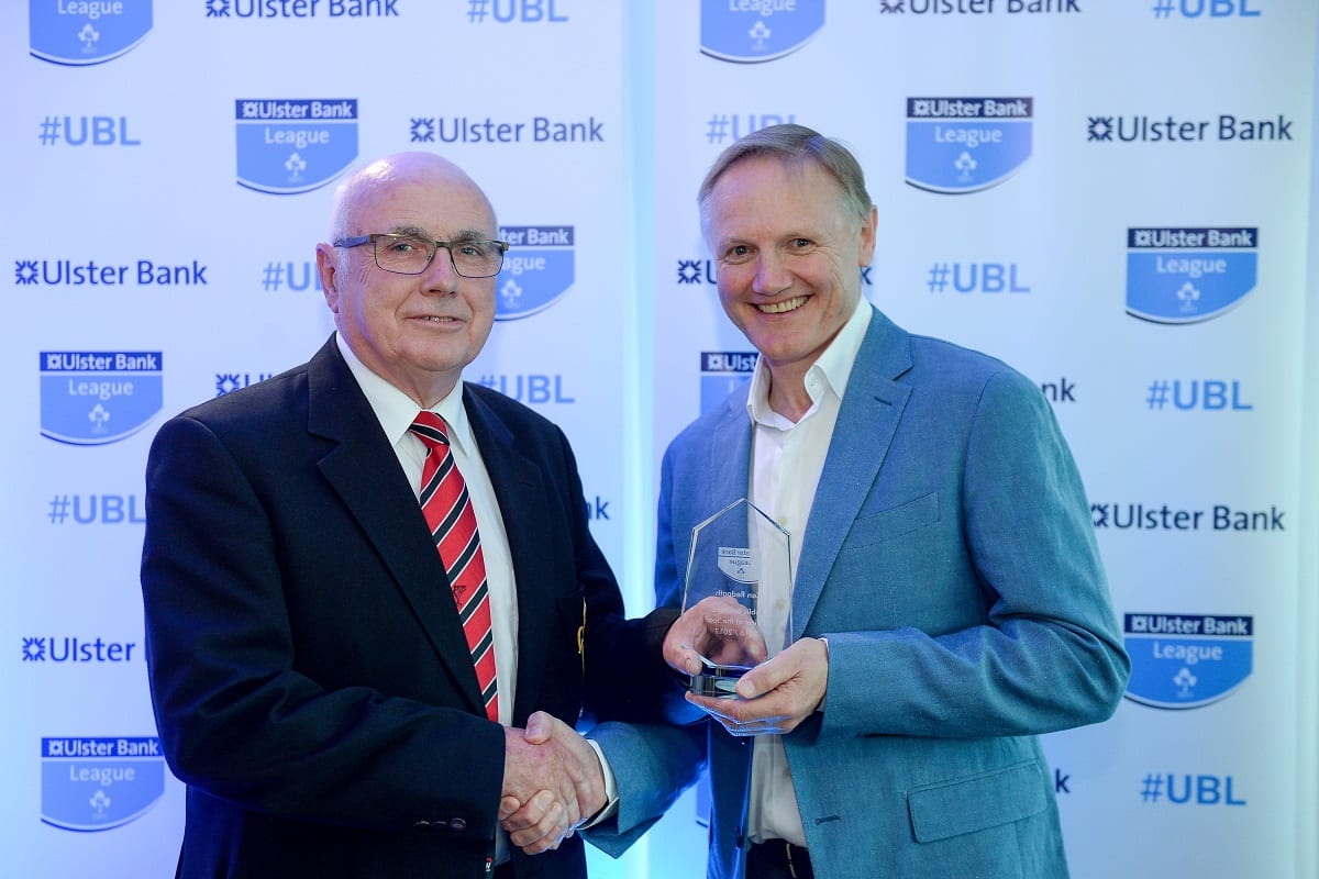 25 May 2017; Ken Redpath, City of Armagh RFC, is presented with the award for Ulster Bank Public Relations Officer of the Year by Ireland rugby head coach Joe Schmidt during the Ulster Bank League Awards at the Aviva Stadium in Dublin. Photo by Cody Glenn/Sportsfile *** NO REPRODUCTION FEE ***