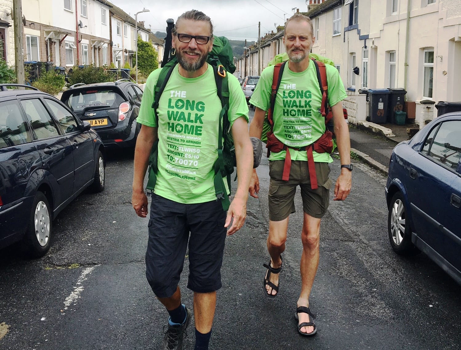 Leaving Dover for the GB leg of 'The Long Walk Home' for dementia research - 2,500km trek from Austria to Armagh. Eamonn Donnelly and Sepp Tieber-Kessler