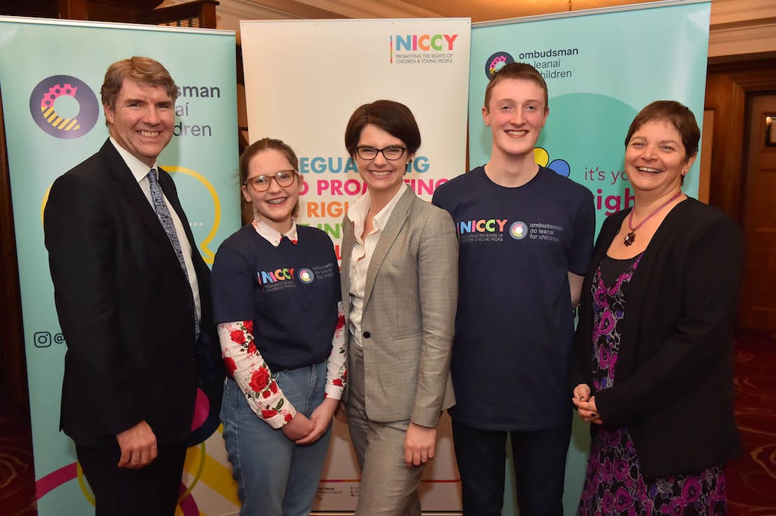 (L-R) Dr Niall Muldoon, Ella, Min Chloe Smith, fellow Steering Group Member from ROI & Koulla Yiasouma (NICCY)