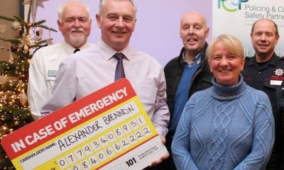 Pictured at the launch of the ‘in case of emergency card’ (ICE Card) Chief Inspector Barney O’Connor, PCSP Project Officer Billy Stewart, PCSP members Alderman Junior McCrum and Beverley Burns, Crew Commander Lee Murray, NIFRS