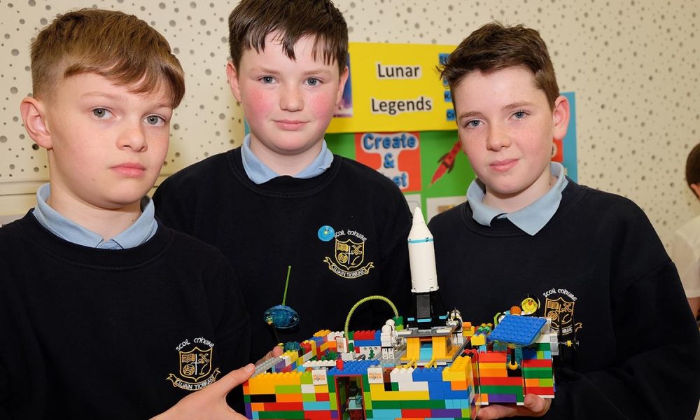 From left: Daniel Stephen and Korey of the Lunar Legends, Scoil Mhuire Clontibert. The Lego Mindstorm project brings children and teachers from primary schools together for Lego Mindstorm Workshops and subsequently for Space Challenge Competitions and Exhibitions of Project work and Project Sharing ideas. Peace by PIECE Lego Mindstorm funded by Peace IV co-ordinated by CMETB Tommy Makem Centre Keady Co.Armagh 9 3 2019 CREDIT: LiamMcArdle.com