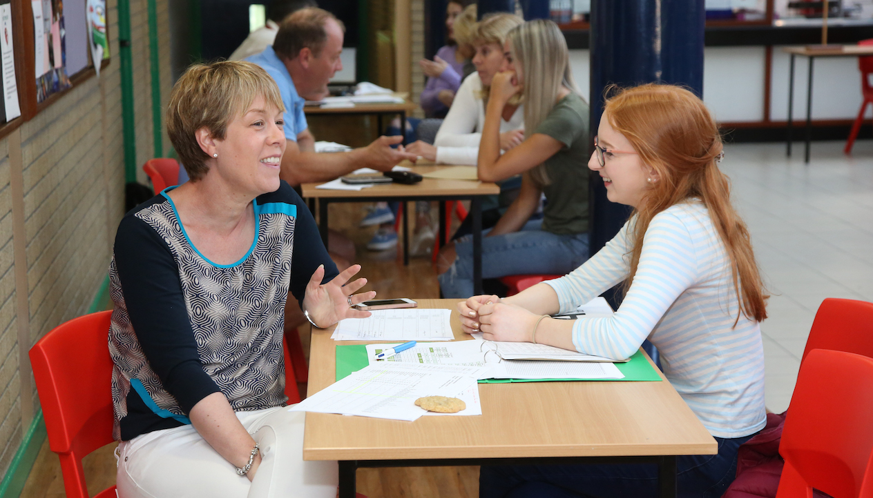 Senior Mistress, Mrs Montgomery, discusses the future with Madison Emerson after she gains 3 A*s at A Level