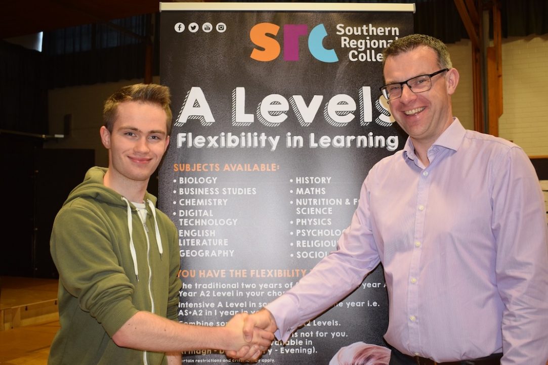 Joshua Harding achieved A*AB grades, pictured with SRC Deputy Head of School Henry McCloy