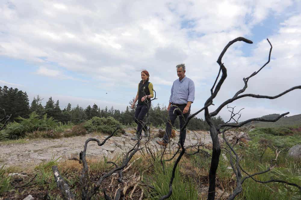 Minister Edwin Poots is pictured with Heather McLachlan, National Trust Director NI, at the site of the wildfire in the Mournes