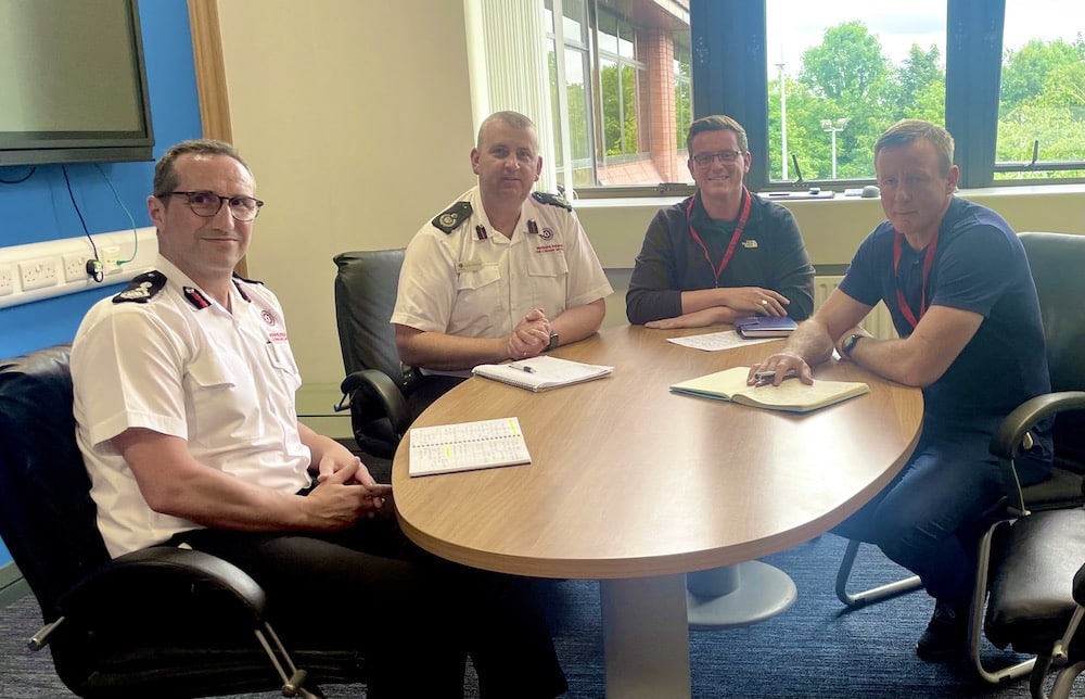 Pictured are Justin McNulty MLA, SDLP Slieve Gullion Representative Killian Feehan, NI Fire & Rescue Service Chief Andy Hearn, and Assistant Chief Aidan Jennings.