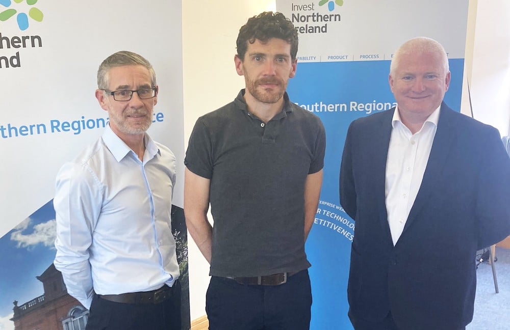 Damien McLoughlin, Client Executive Invest NI and Alan McKeown, Chief Transformation Officer, Invest NI are pictured with Joe McKevitt (centre) Co-Founder of UpTime Labs