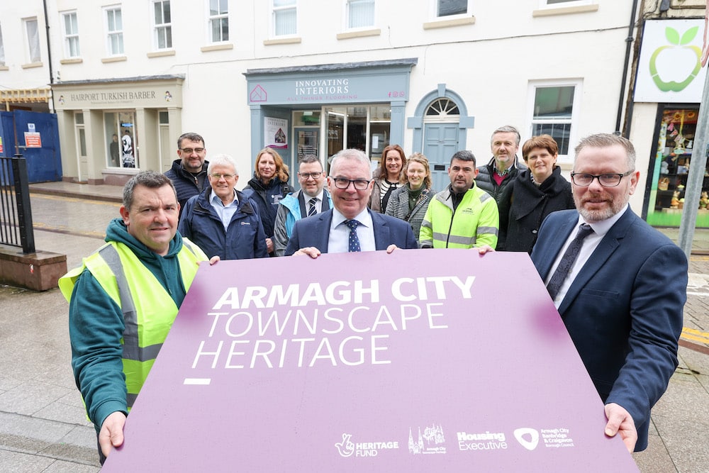 Tommy McCague, Property Owner, Stephen McConnell, Chair of Armagh Townscape Heritage Partnership, Councillor Kevin Savage and members of the Armagh Townscape heritage Partnership.