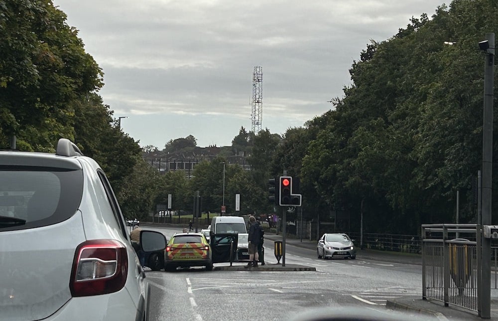 Two cars – including a police patrol vehicle – collided on the Friary Road in Armagh this morning.