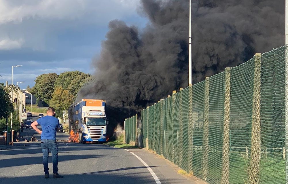 Lorry transporting hens catches fire near Moy