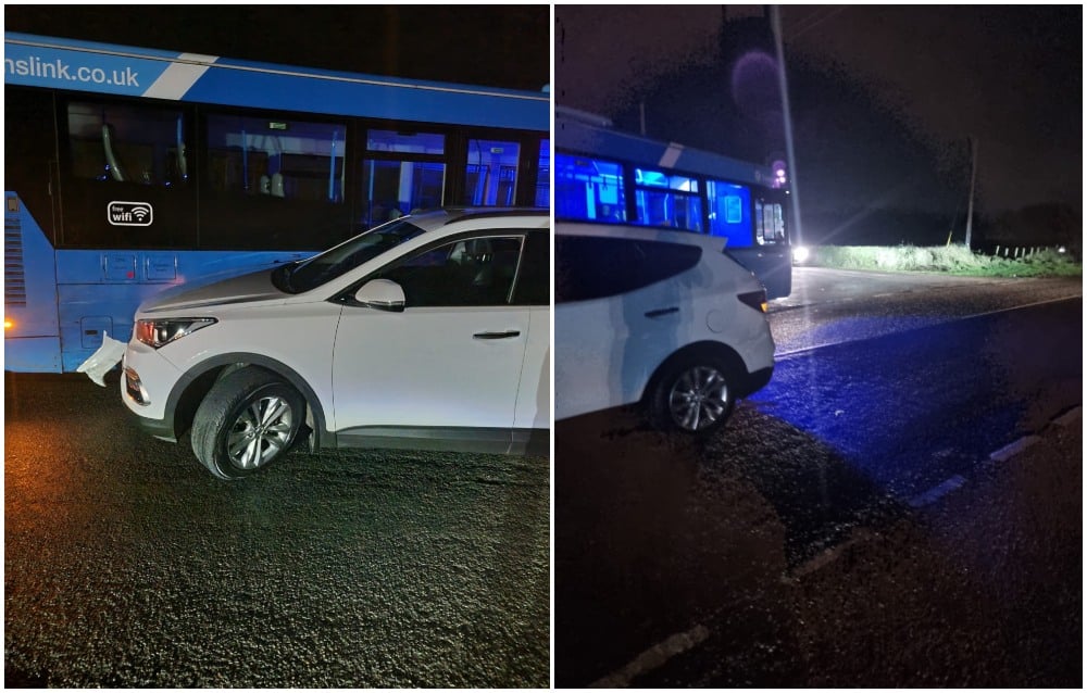 Car and bus crash on Markethill Road in Portadown